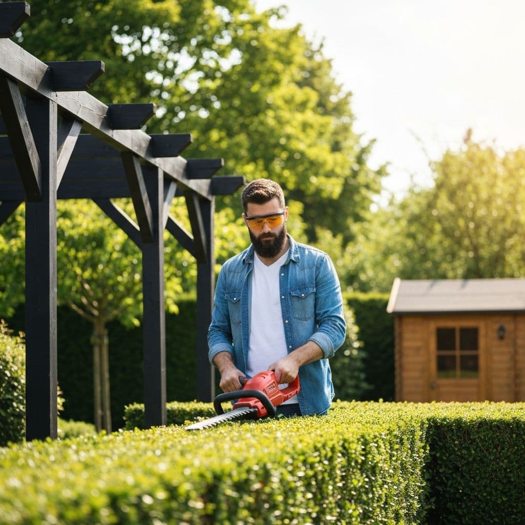 Gartenpfleger bei der Heckenarbeit